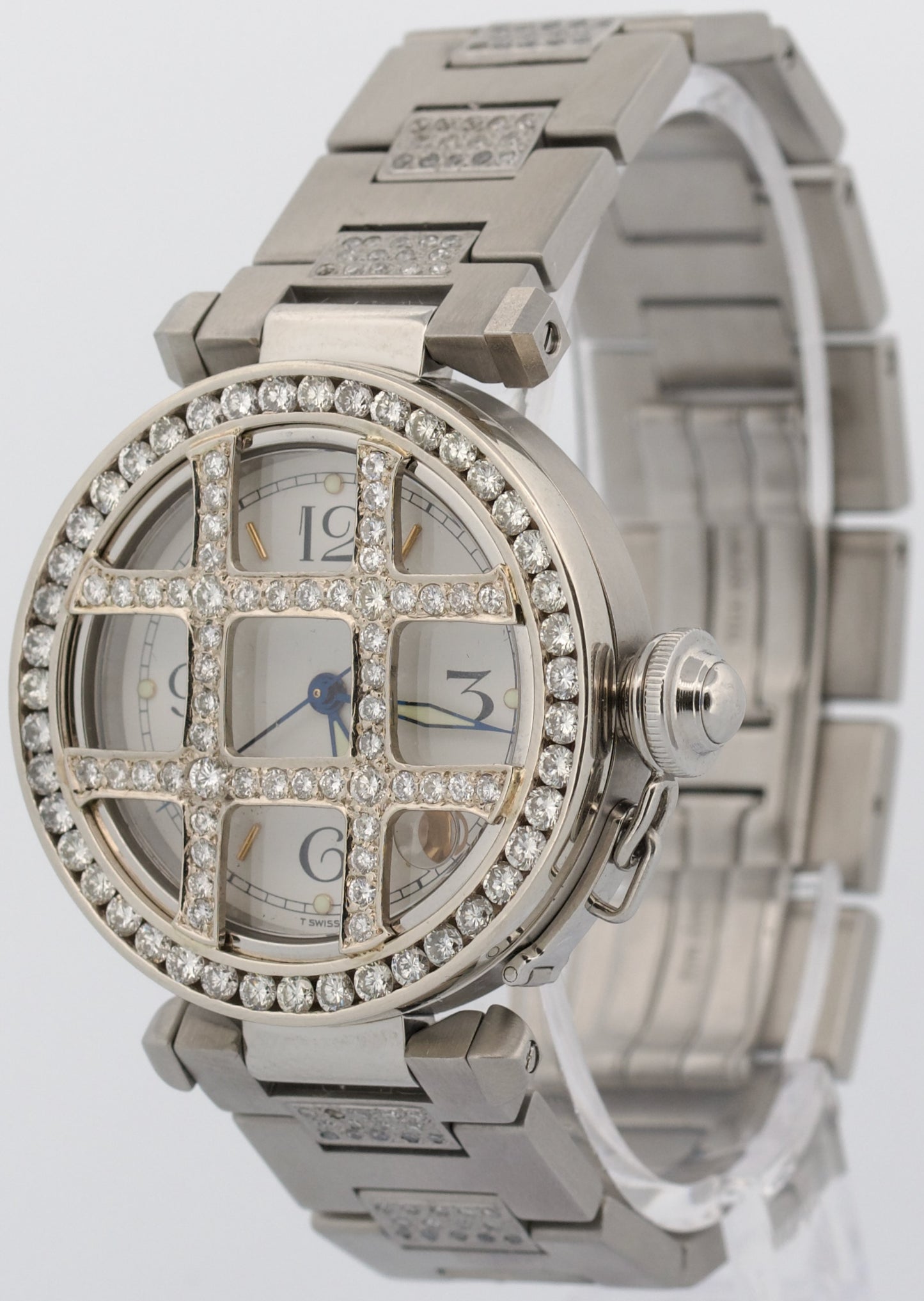Cartier Pasha WHITE DIAMOND Stainless Steel Arabic Date 35mm 2324 W31015M7 Watch