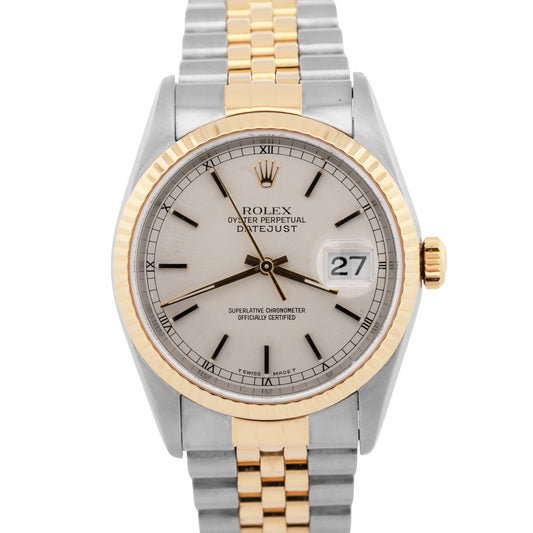 Rolex DateJust 36mm Silver Two-Tone 18K Yellow Gold Steel JUBILEE Watch 16233