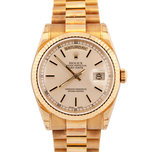 NOS 2001 Rolex Day-Date President 118238 Silver 18K Yellow Gold 36mm Box Papers