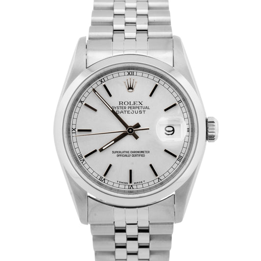Rolex DateJust 36mm Silver Stainless Jubilee NO-HOLES Automatic Watch 16200