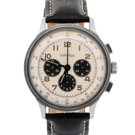 Eberhard Aviograf Chronograph WHITE PANDA Steel Lemania 40mm 31018 Watch