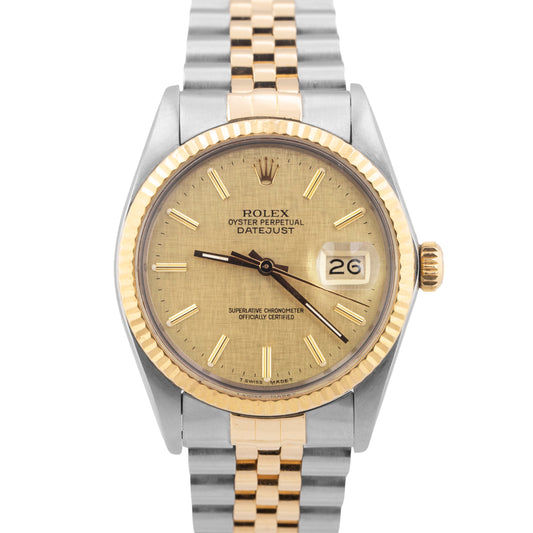 PAPERS Rolex DateJust 36mm CHAMPAGNE LINEN Two-Tone 18K Gold Jubilee 16013 BOX