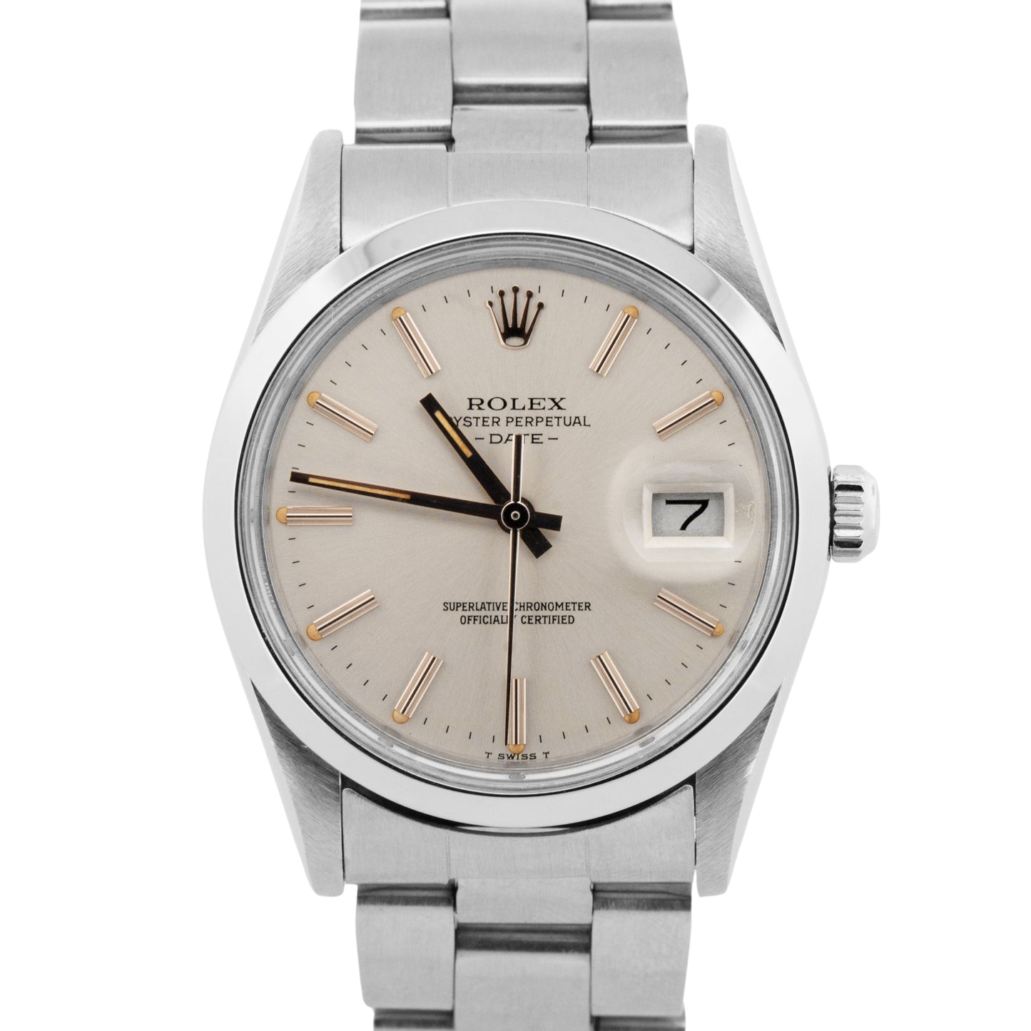 1982 Rolex Oyster Perpetual Date Silver 34mm Steel Oyster Watch 15000 Box Papers