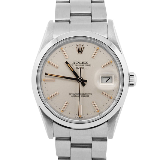 1982 Rolex Oyster Perpetual Date Silver 34mm Steel Oyster Watch 15000 Box Papers