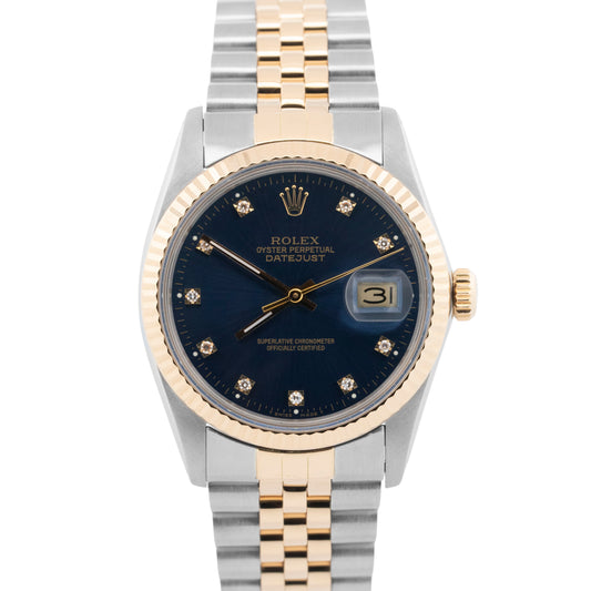 Rolex DateJust BLUE DIAMOND Two-Tone Yellow Gold Steel Jubilee 36mm 16013 Watch