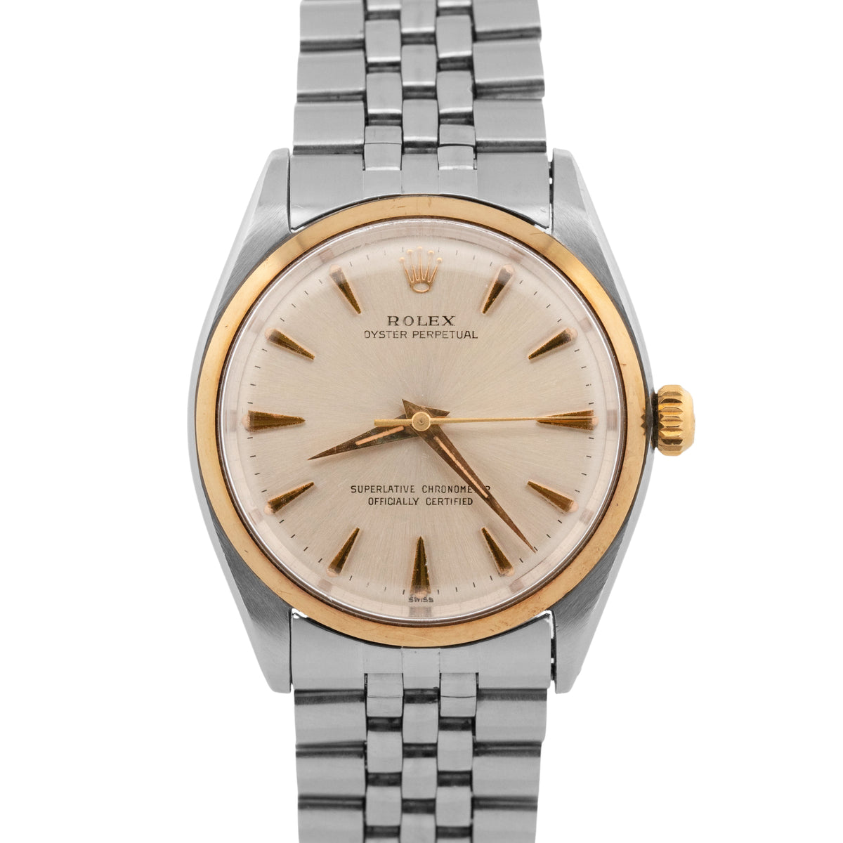 Unpolished Rolex Oyster Perpetual 1002 Silver Two-Tone Gold Steel 34mm Watch Box