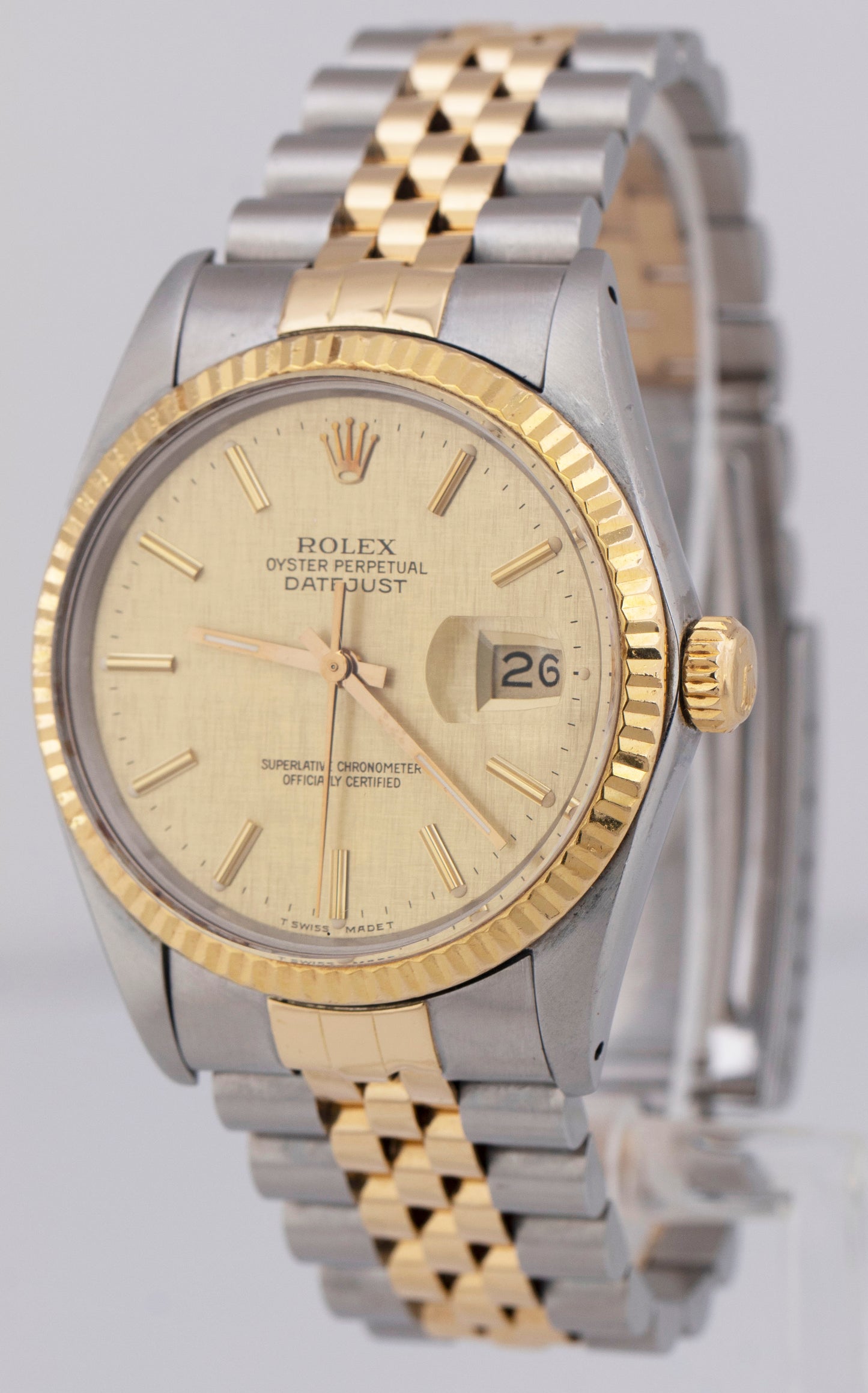 PAPERS Rolex DateJust 36mm CHAMPAGNE LINEN Two-Tone 18K Gold Jubilee 16013 BOX