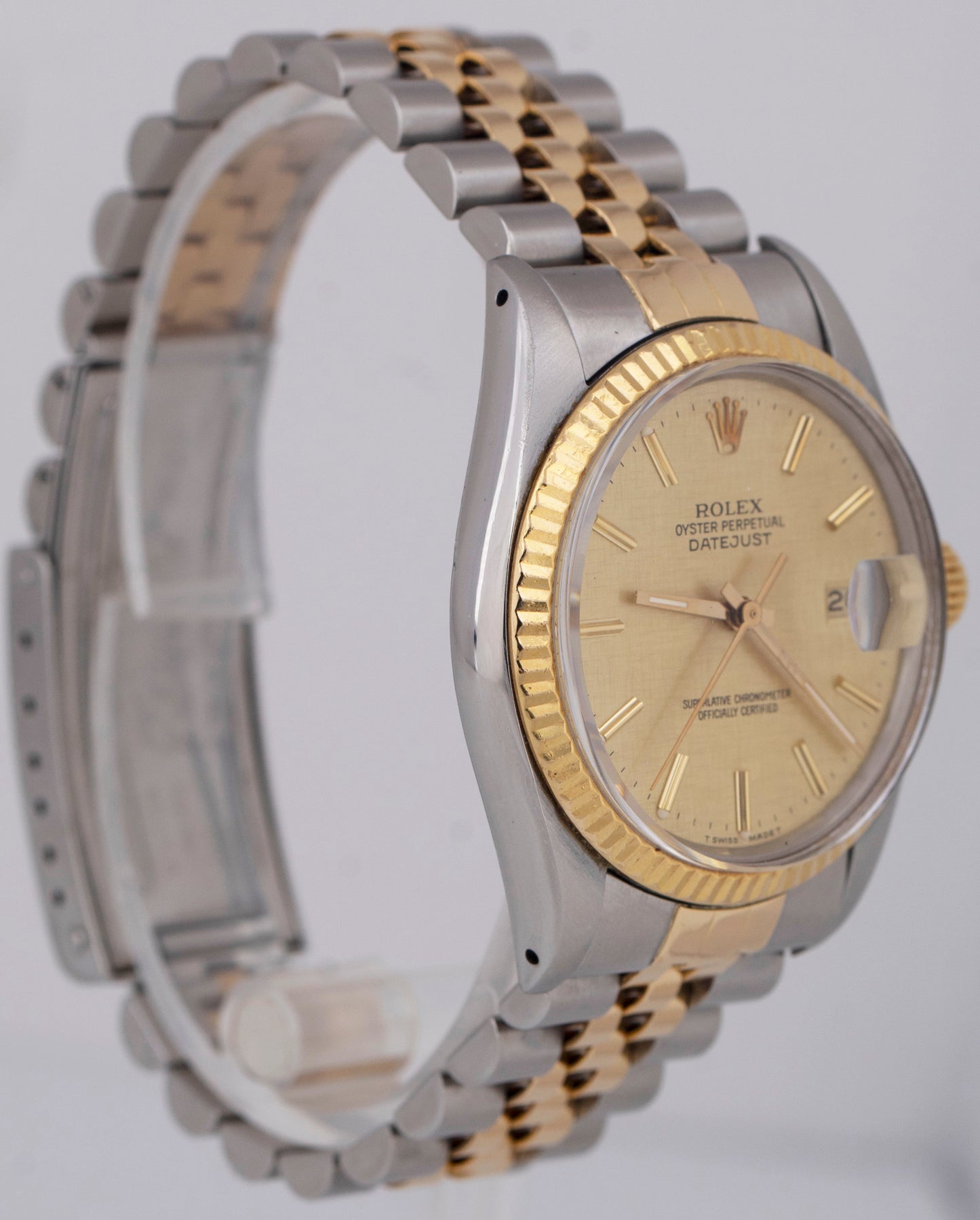 PAPERS Rolex DateJust 36mm CHAMPAGNE LINEN Two-Tone 18K Gold Jubilee 16013 BOX