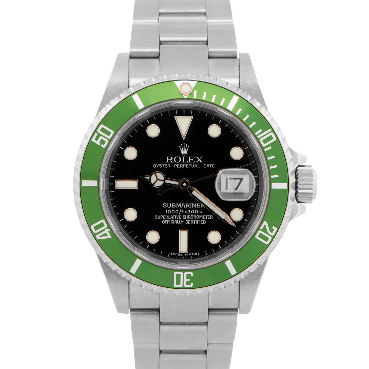 Unpolished Rolex Submariner Kermit 16610 LV Green Stainless Steel 40mm Watch