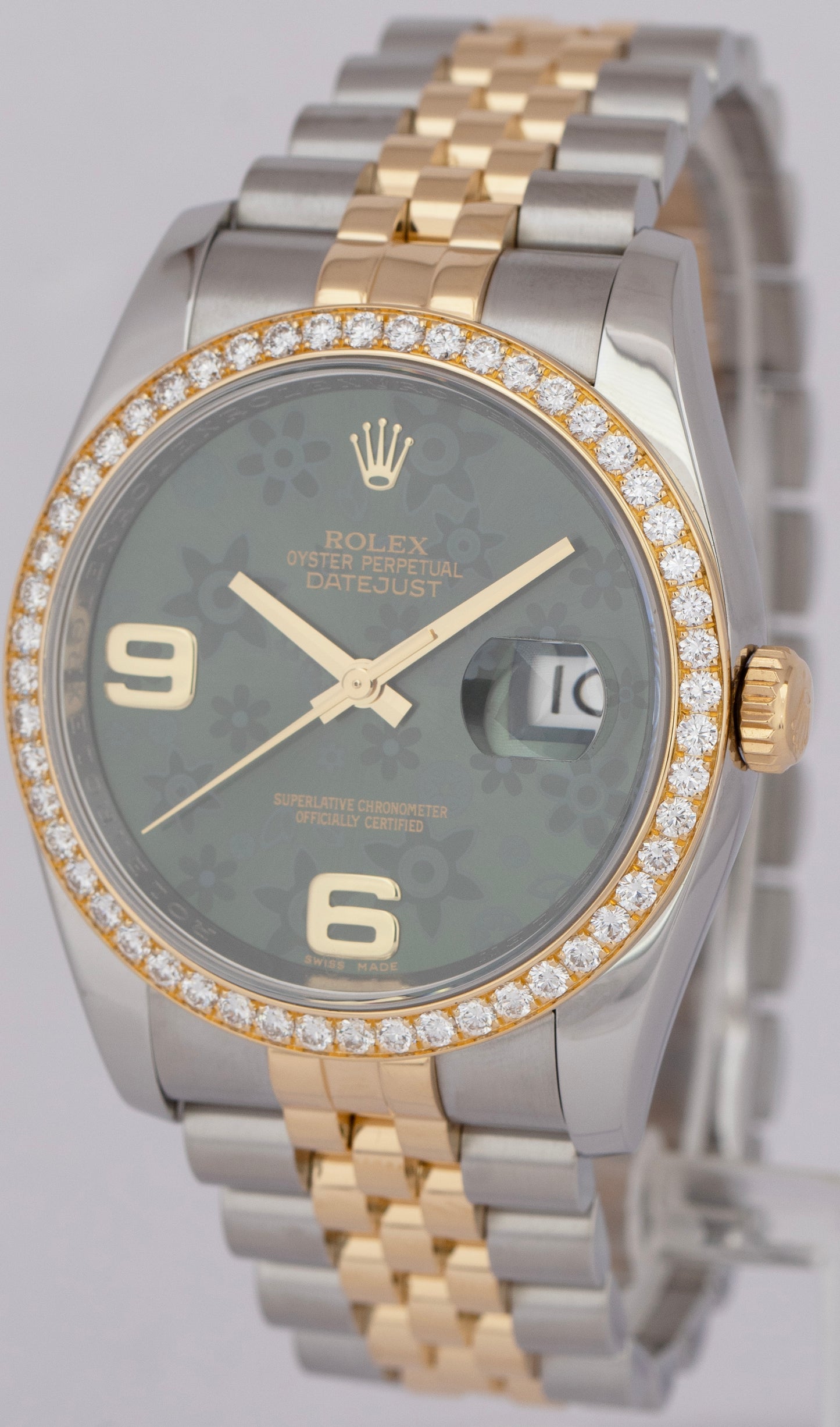 MINT Rolex DateJust 36mm Green Floral DIAMOND Two-Tone Gold Steel Watch 116243