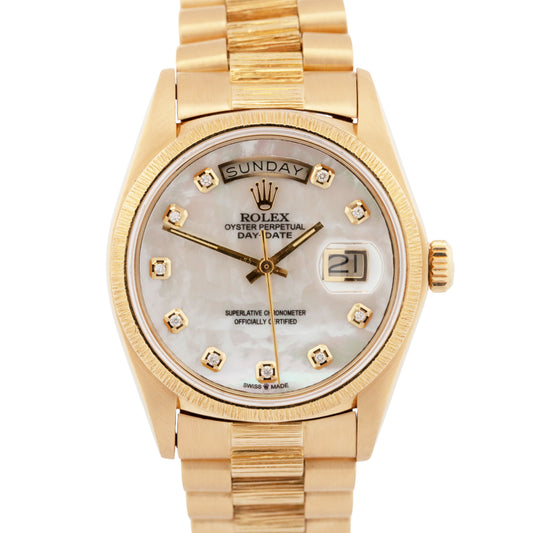 Rolex Day-Date President MOTHER OF PEARL Diamond Bark 36mm 18K Gold Watch 1803