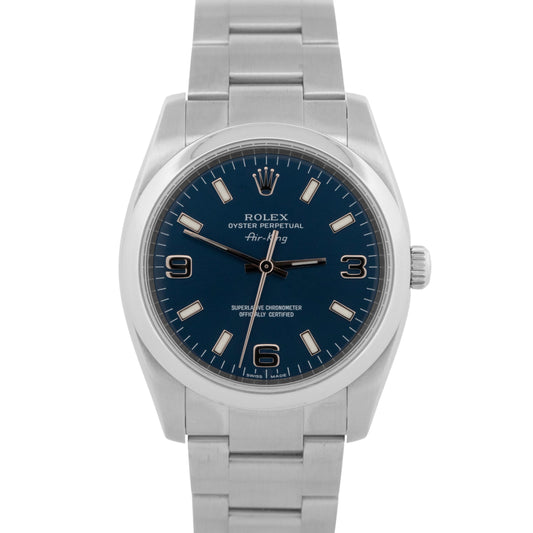 PAPERS Rolex Air-King BLUE 3-6-9 Stainless Steel 34mm Oyster Watch 114200 BOX