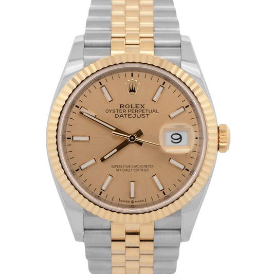 PAPERS Rolex DateJust CHAMPAGNE 36mm Steel Yellow Gold JUBILEE Watch 126233 BOX