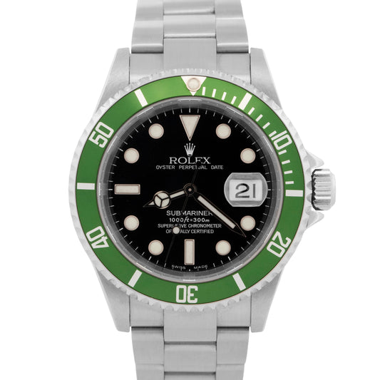 Unpolished Rolex Submariner Kermit 16610 LV Green Stainless Steel 40mm Watch
