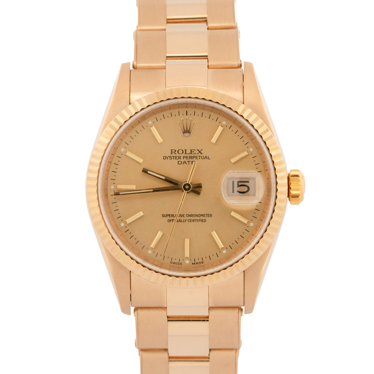 2000 Rolex DateJust 15238 Champagne 18K Yellow Gold 34mm Watch Box Papers