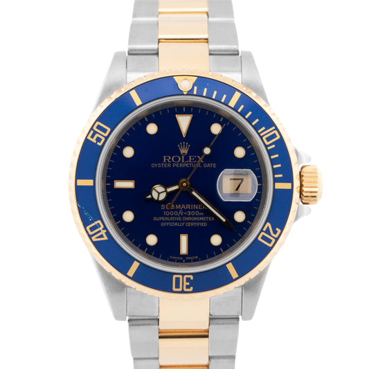Rolex Submariner Date 40mm BLUE Two-Tone 18K Gold Stainless Steel 16613 Watch