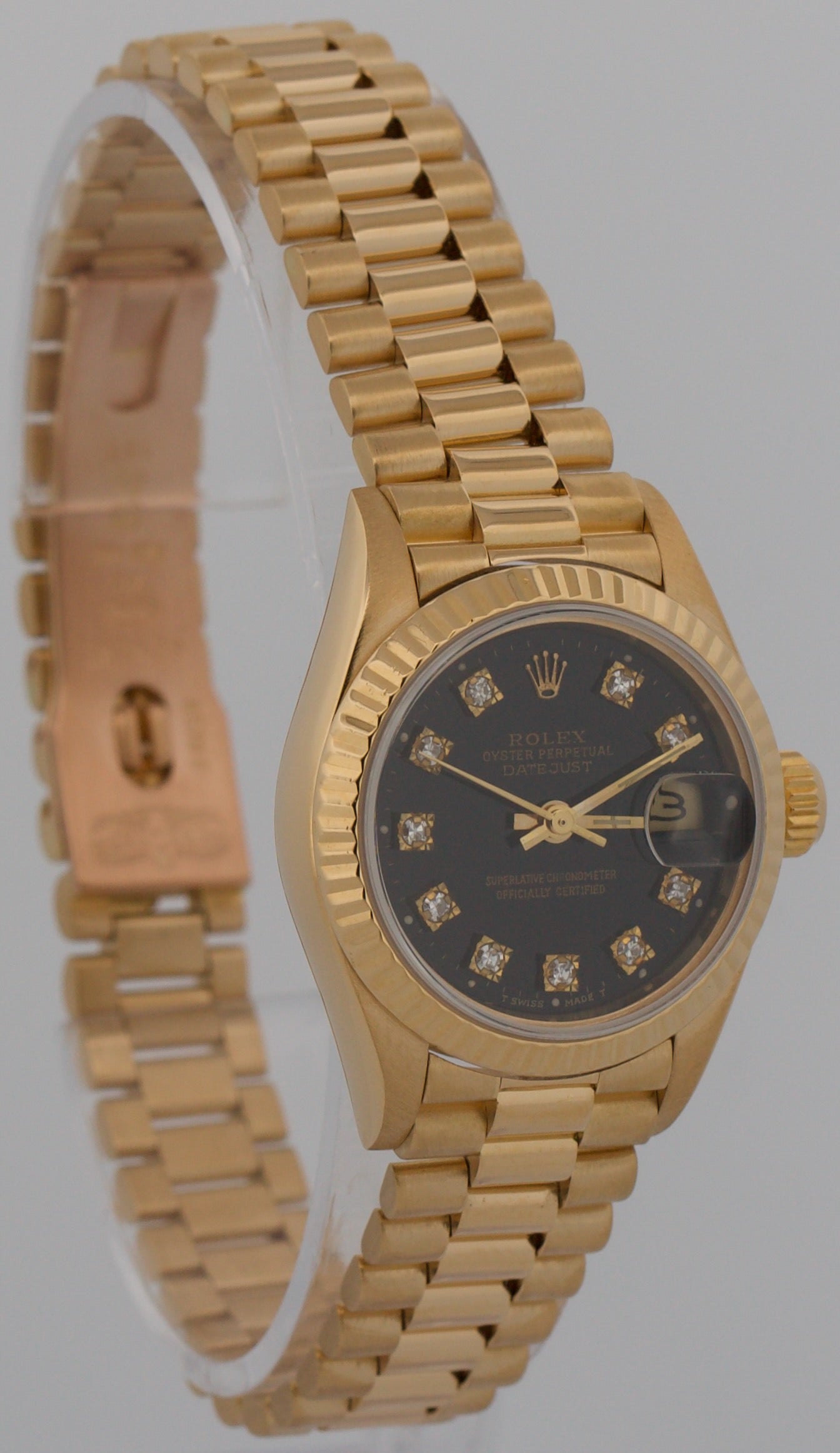 1984 Ladies Rolex DateJust President 26mm BLACK DIAMOND 18K Yellow Gold 69178