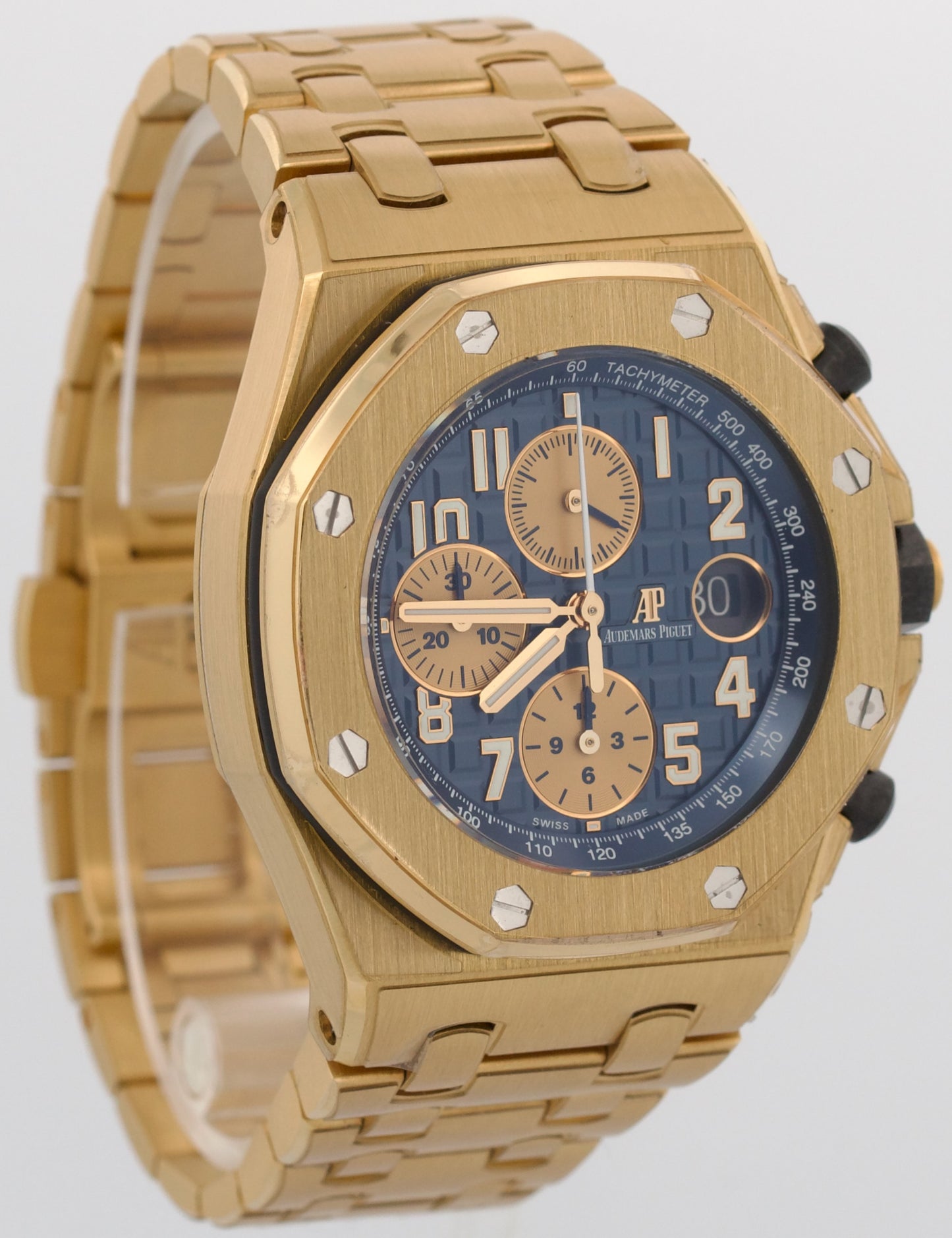 PAPERS Audemars Piguet Royal Oak Offshore BRICK 18K Yellow Gold BLUE 26470BA BOX