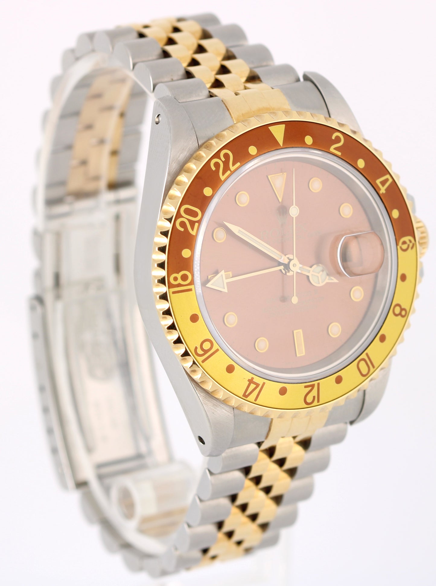 1997 PAPERS Rolex GMT-Master II ROOT BEER Two-Tone Gold Brown 40mm 16713 Watch