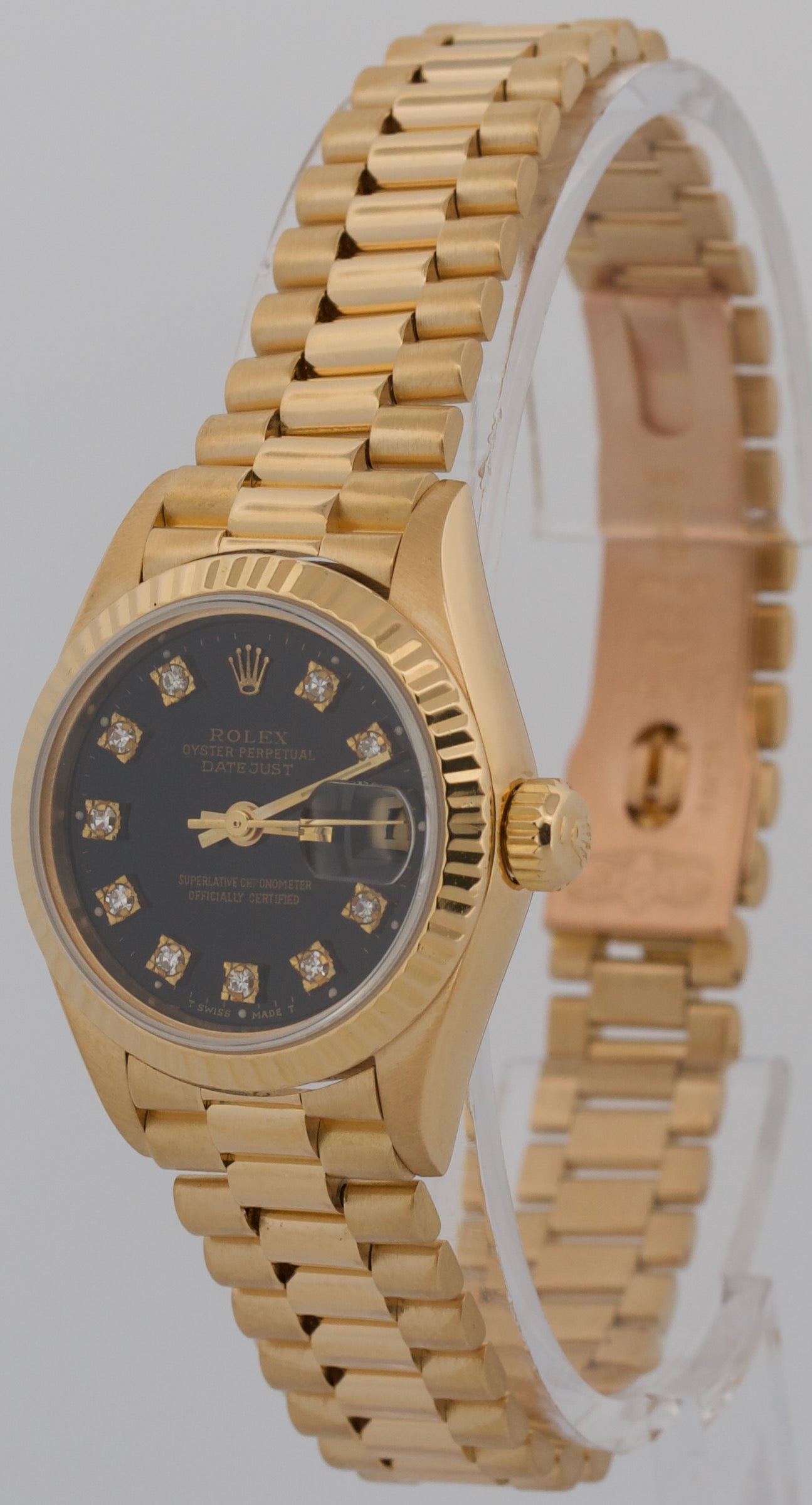 1984 Ladies Rolex DateJust President 26mm BLACK DIAMOND 18K Yellow Gold 69178