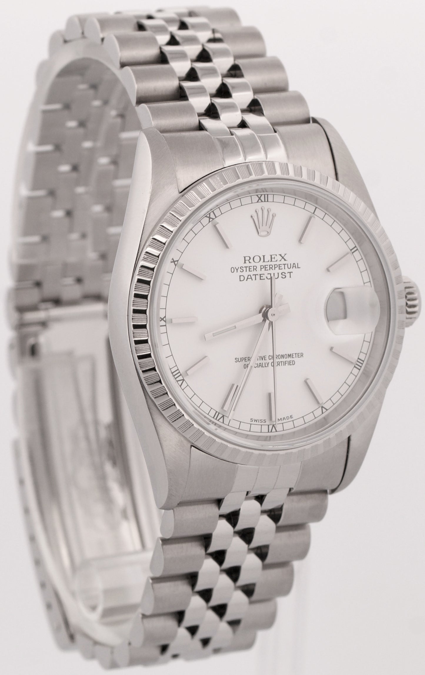 2000 PAPERS Rolex DateJust WHITE 36mm Stainless Engine-Turned JUBILEE 16220 BOX