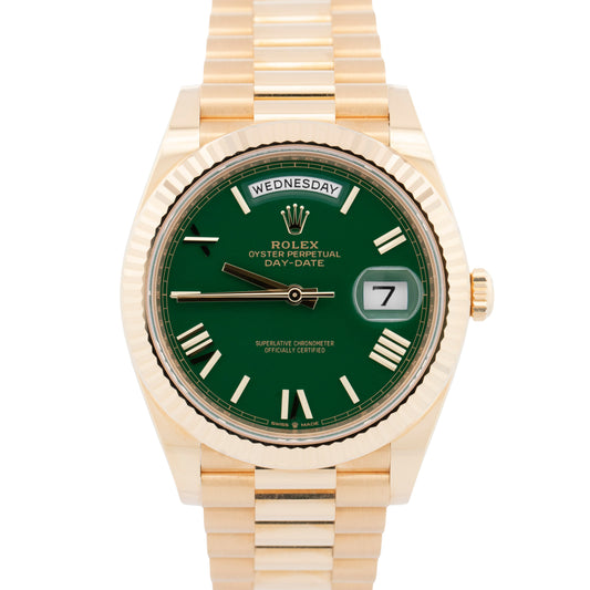 PAPERS Rolex Day-Date President 18K Yellow Gold GREEN ROMAN 40mm 228238 BOX