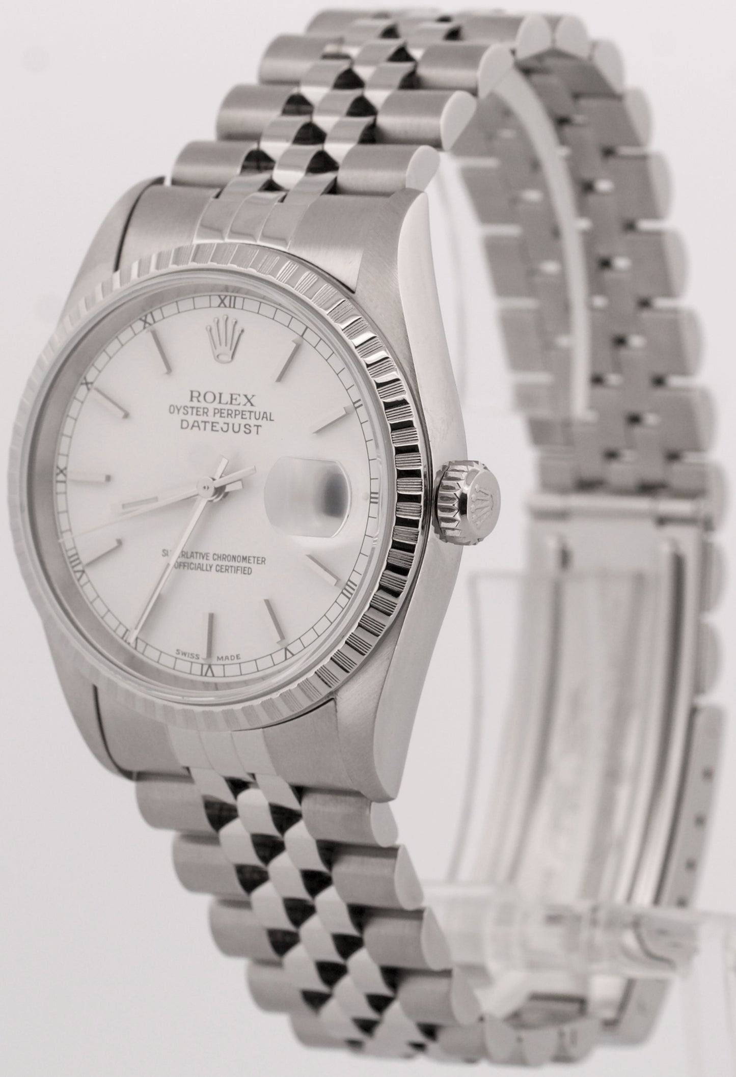 2000 PAPERS Rolex DateJust WHITE 36mm Stainless Engine-Turned JUBILEE 16220 BOX