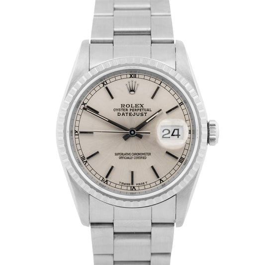 PAPERS Rolex DateJust Silver 36mm Stainless Steel Engine-Turned Watch 16220 BOX