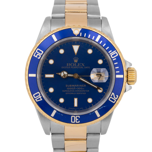 Rolex Submariner Date 40mm BLUE Two-Tone 18K Yellow Gold Stainless Steel 16613