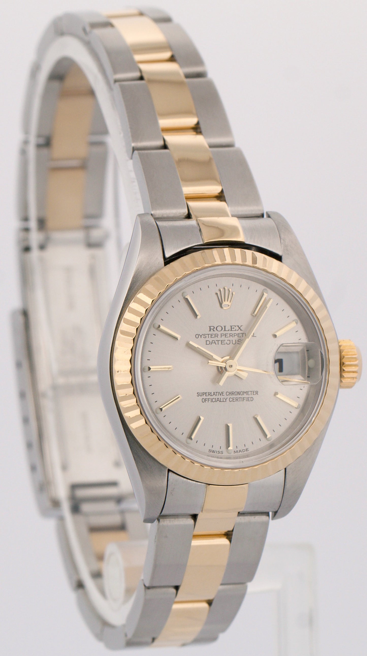 PAPERS Ladies Rolex DateJust SILVER 18K Yellow Gold Steel 26mm OYSTER 79173 BOX