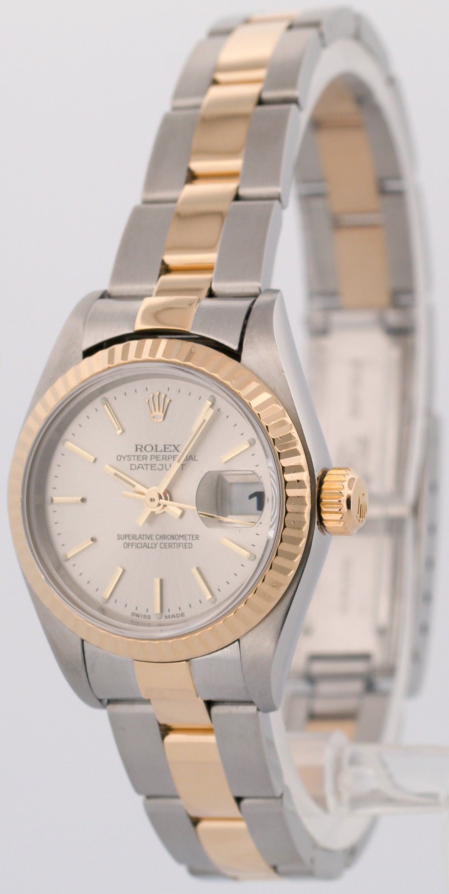 PAPERS Ladies Rolex DateJust SILVER 18K Yellow Gold Steel 26mm OYSTER 79173 BOX