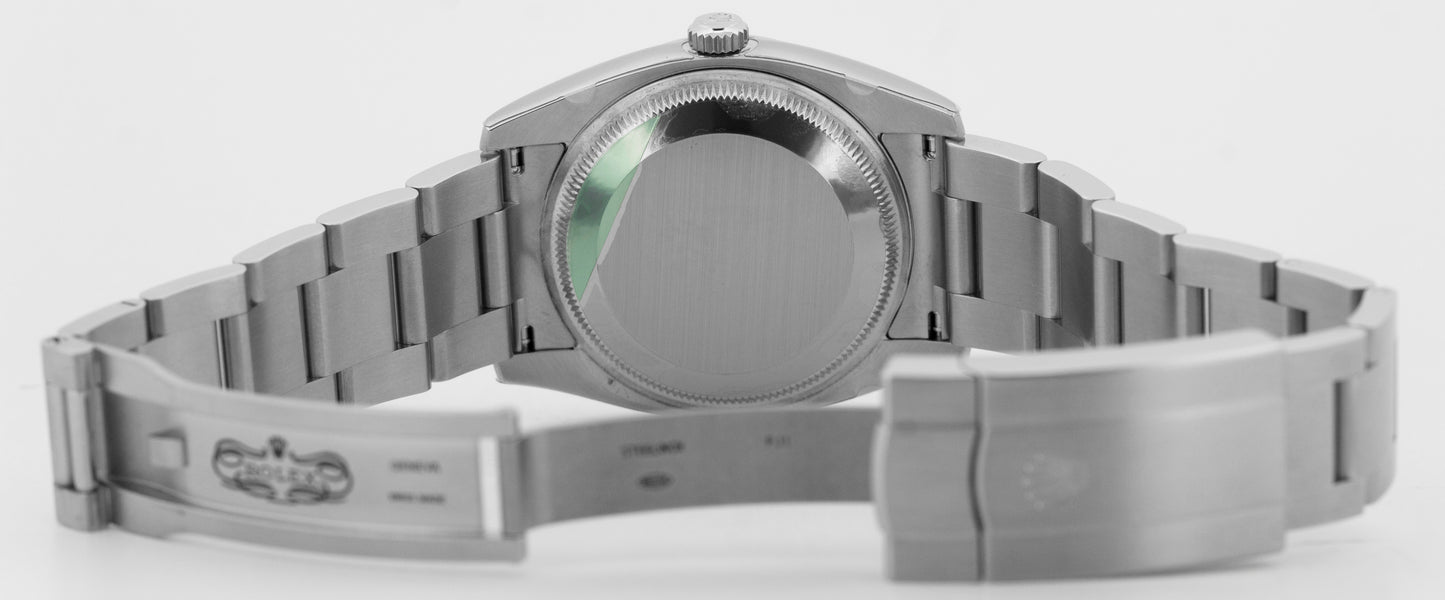 STICKERED PAPERS Rolex Oyster Perpetual SILVER CONCENTRIC Steel 34mm 114200 BOX