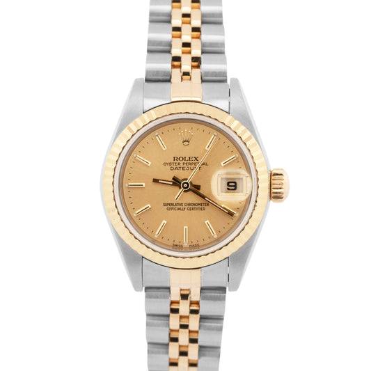 PAPERS Ladies Rolex DateJust Champagne 18K Gold Steel 26mm JUBILEE 79173 BOX