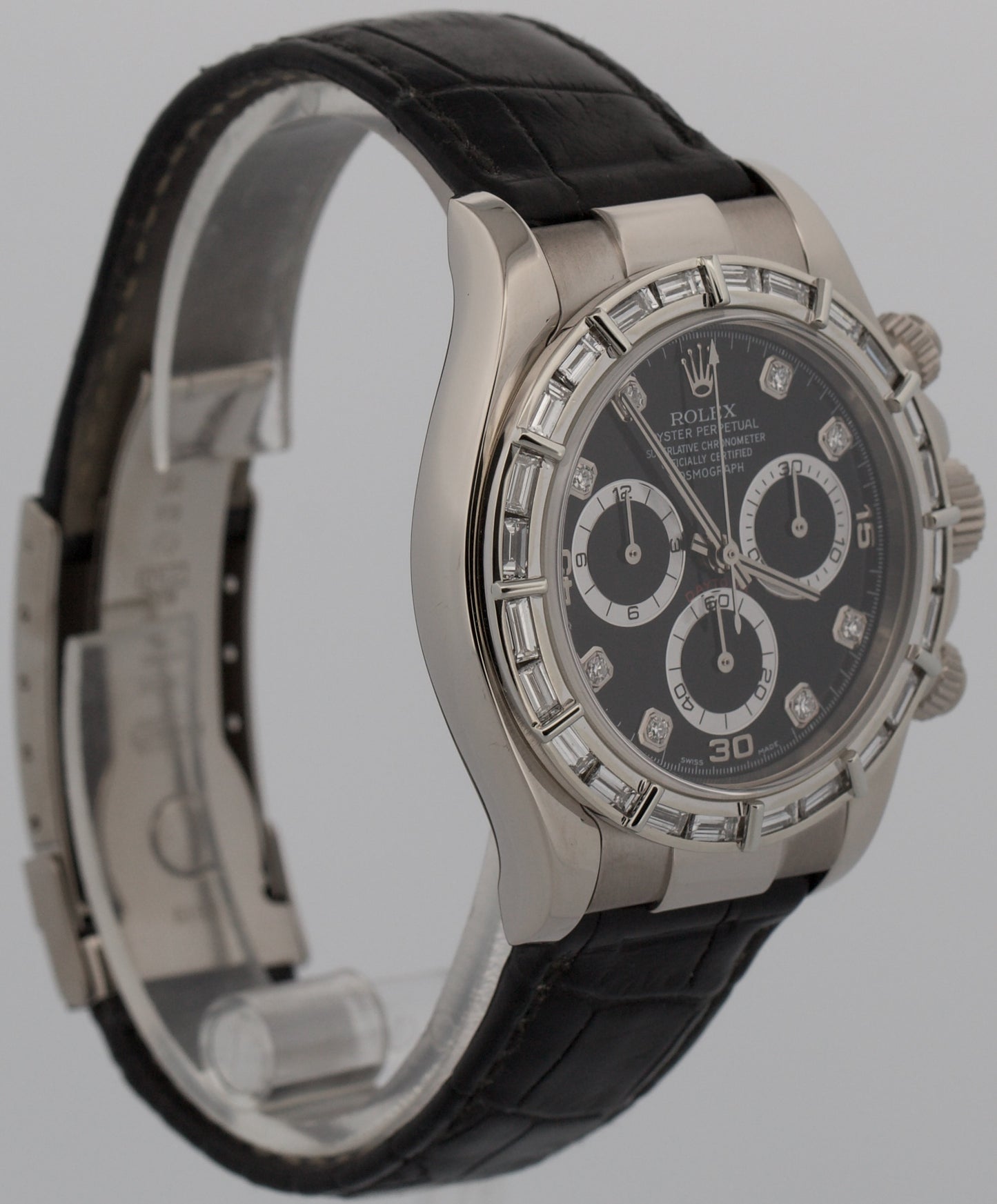 Rolex Daytona Cosmograph 116519 Black Diamond Baguette 18K Gold Leather 40mm
