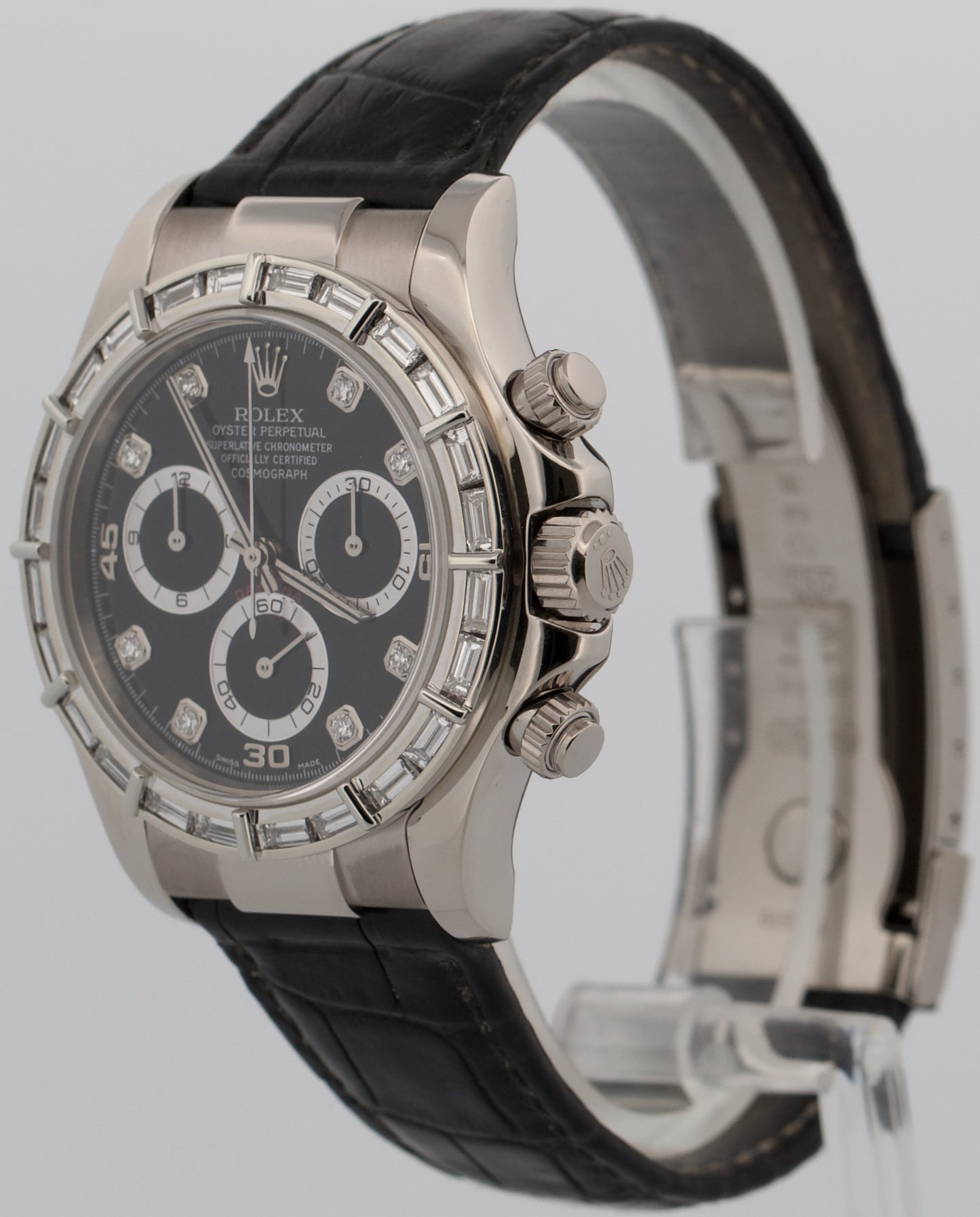 Rolex Daytona Cosmograph 116519 Black Diamond Baguette 18K Gold Leather 40mm