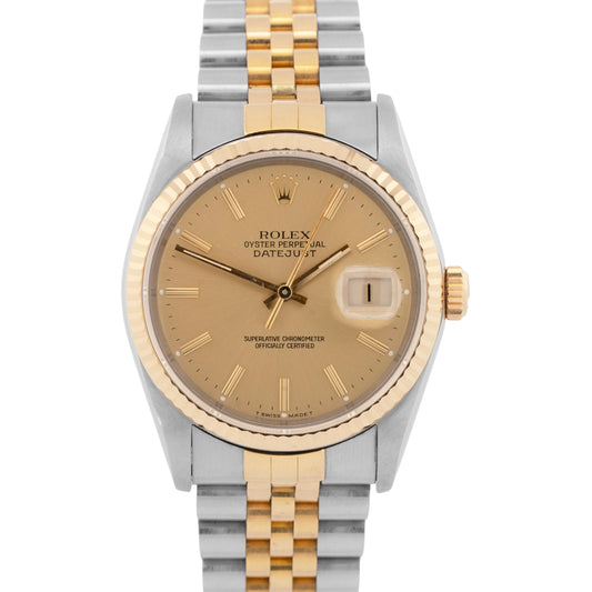 Rolex DateJust 36mm Champagne Two-Tone 18K Yellow Gold Steel JUBILEE Watch 16233
