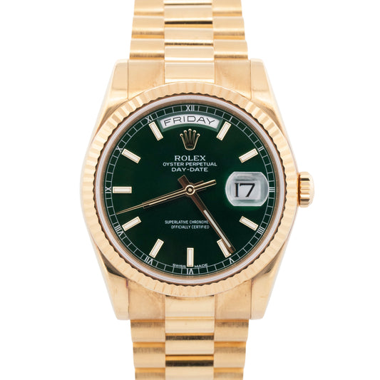 2002 PAPERS Rolex Day-Date President GREEN 18K Yellow Gold 36mm 118238 Watch BOX