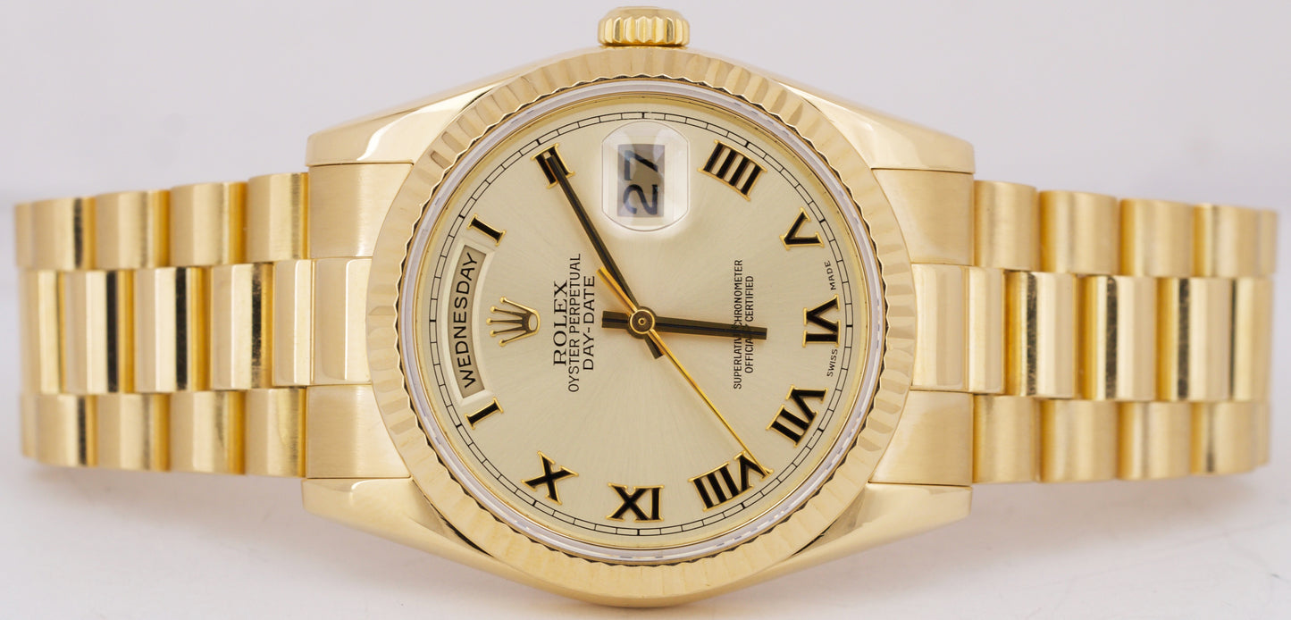 PAPERS Rolex Day-Date President CHAMPAGNE ROMAN 36mm 18K Gold Watch 118238 BOX