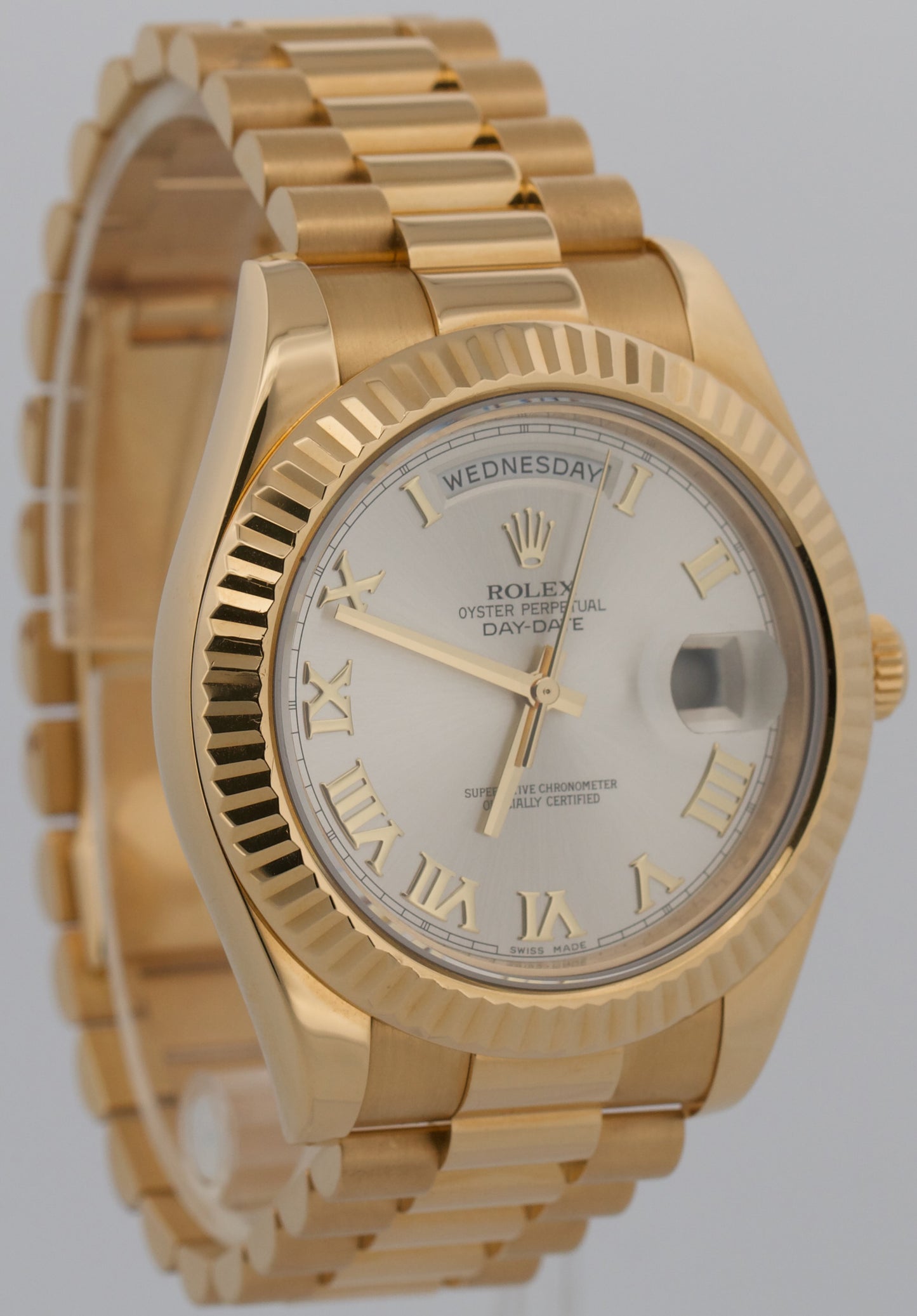 Rolex Day-Date II President 41mm SILVER ROMAN 18K Yellow Gold 218238 Watch