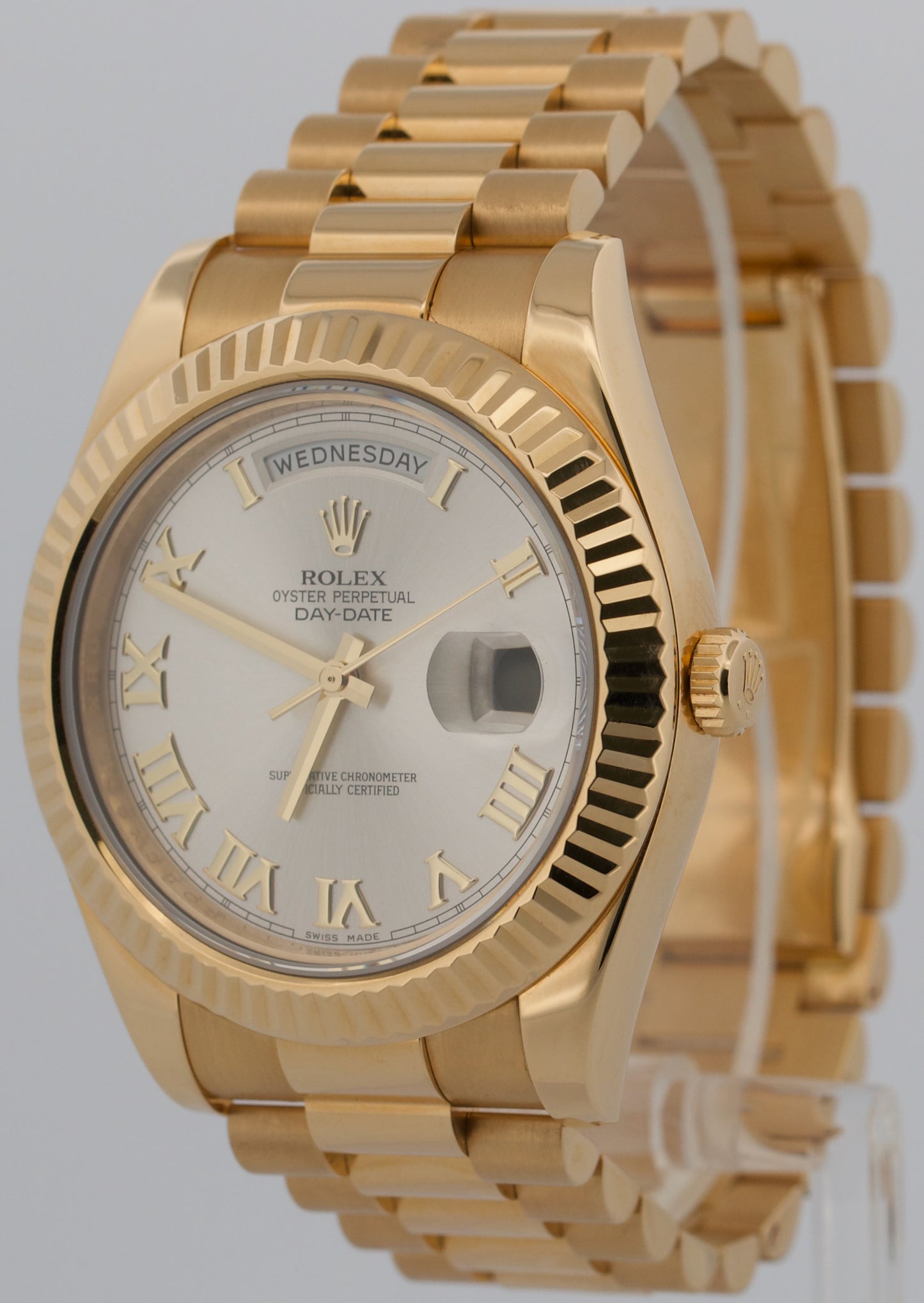 Rolex Day-Date II President 41mm SILVER ROMAN 18K Yellow Gold 218238 Watch
