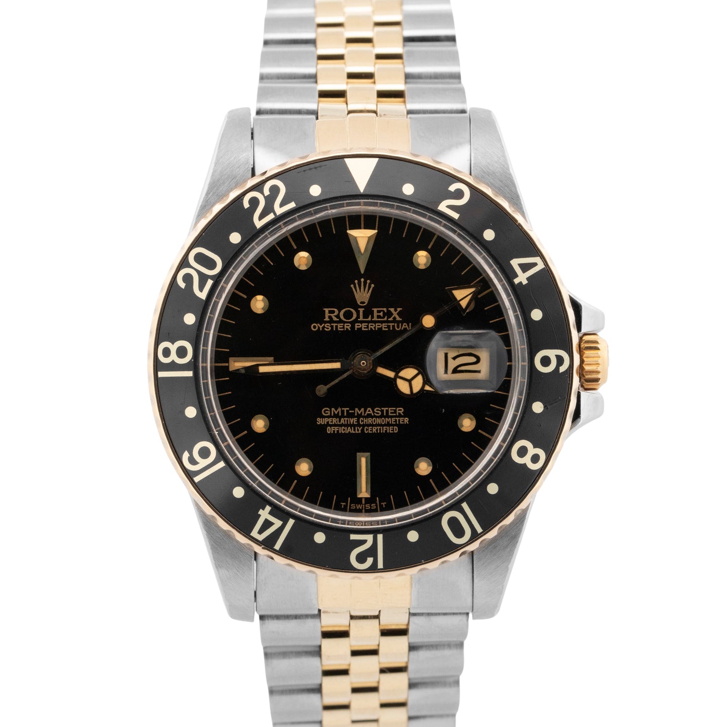 Rolex GMT-Master Black 40mm Nipple Two Tone 14K Yellow Gold Jubilee Watch 16753