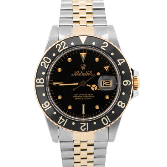 Rolex GMT-Master Black 40mm Nipple Two Tone 14K Yellow Gold Jubilee Watch 16753