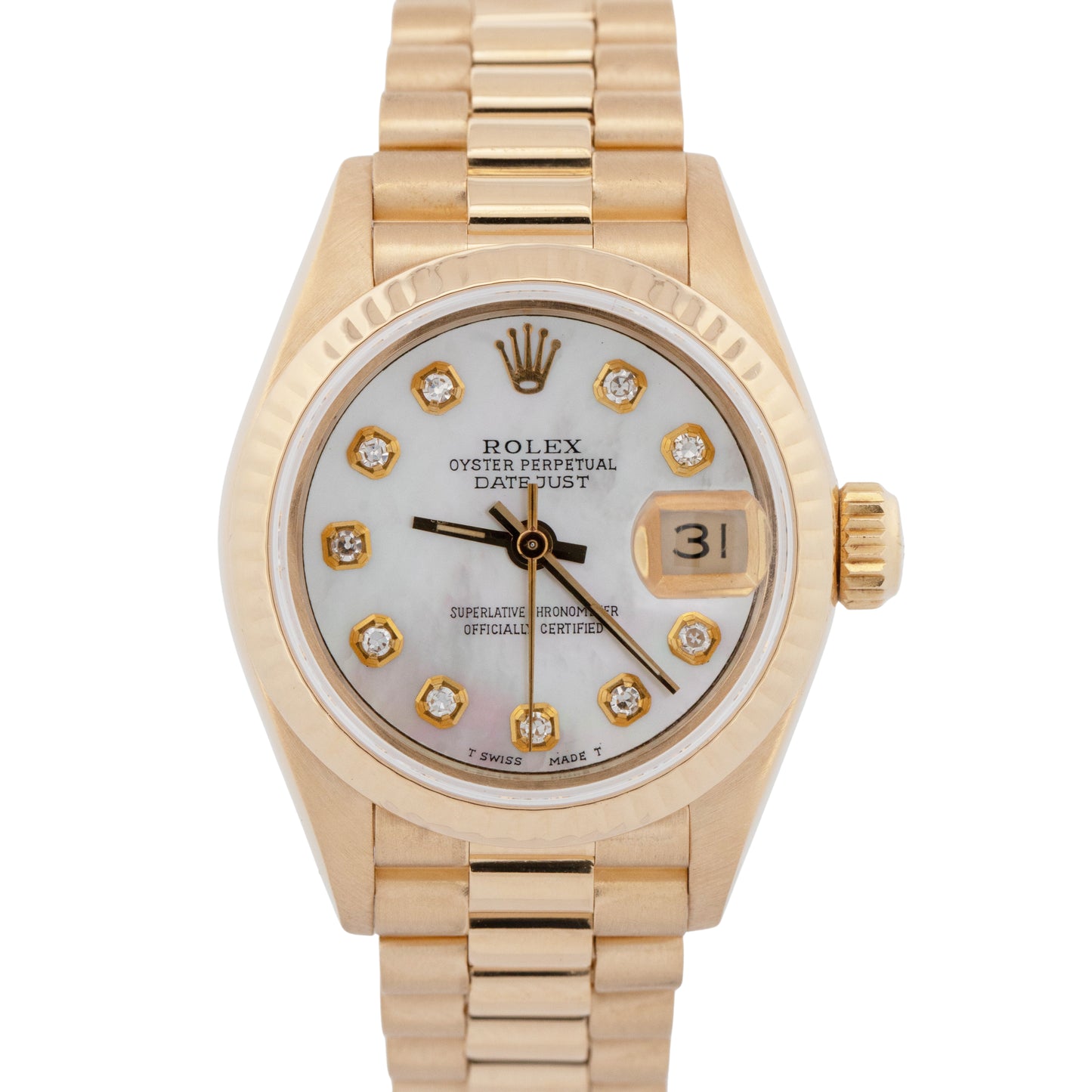 Ladies Rolex DateJust President 26mm Mother of Pearl Dial 18K Gold 69178 Watch