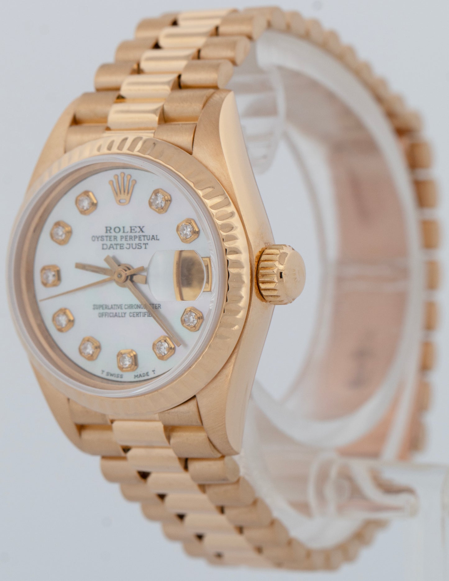 Ladies Rolex DateJust President 26mm Mother of Pearl Dial 18K Gold 69178 Watch