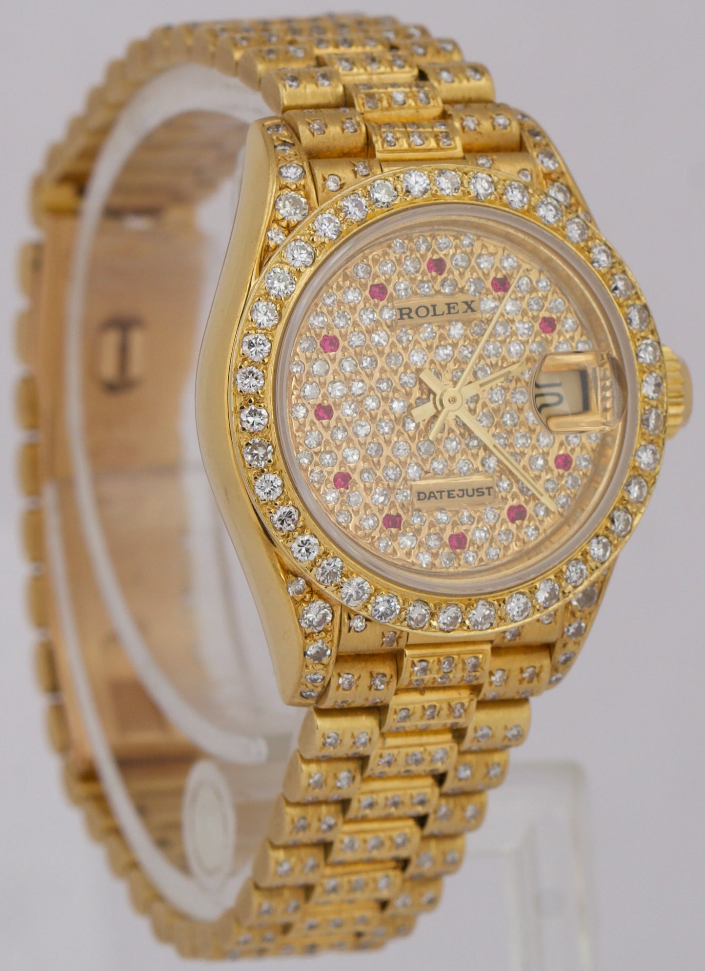 Ladies Rolex DateJust President 26mm PAVE RUBY DIAMOND 18K Yellow Gold 69178