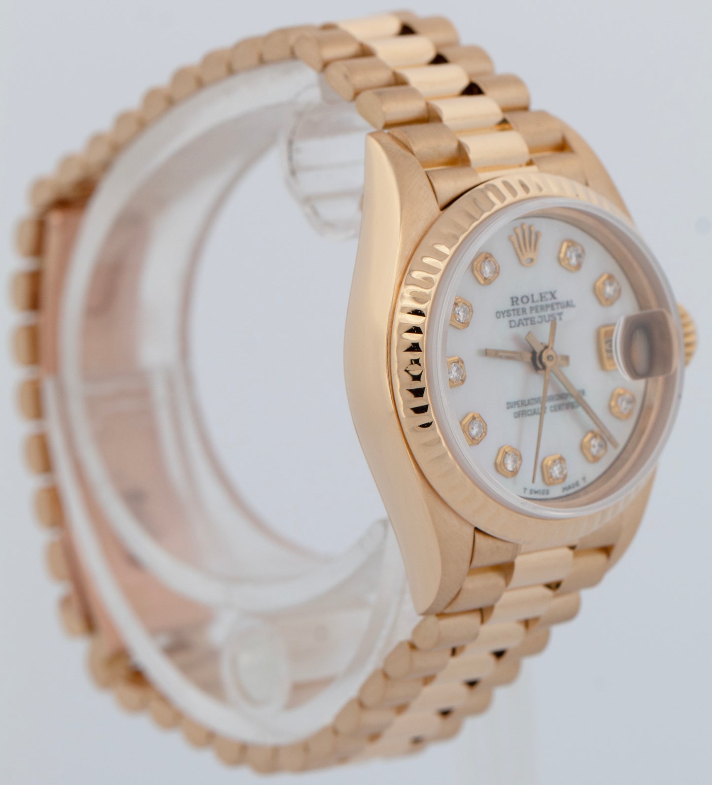 Ladies Rolex DateJust President 26mm Mother of Pearl Dial 18K Gold 69178 Watch