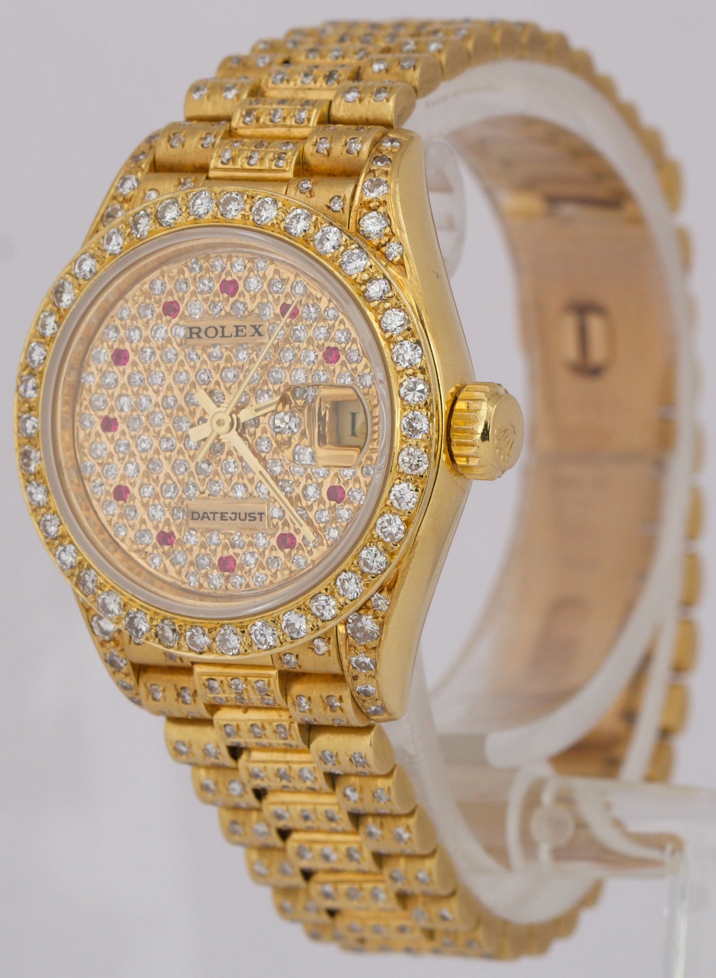 Ladies Rolex DateJust President 26mm PAVE RUBY DIAMOND 18K Yellow Gold 69178