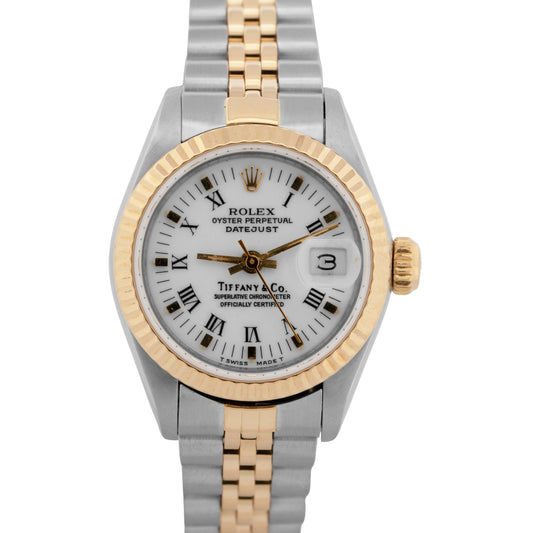 Ladies Rolex DateJust 26mm White TIFFANY 18K Gold Steel JUBILEE Fluted 69173