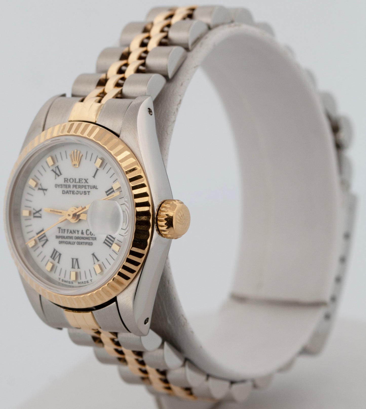 Ladies Rolex DateJust 26mm White TIFFANY 18K Gold Steel JUBILEE Fluted 69173
