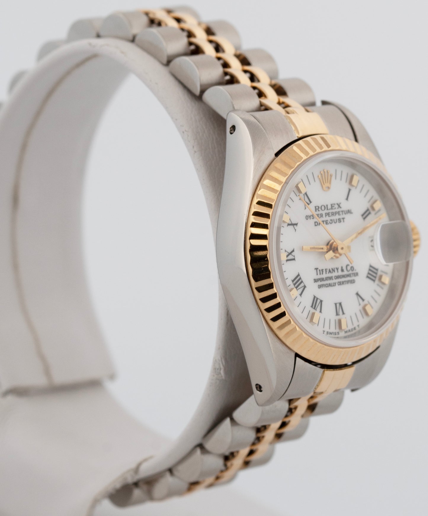 Ladies Rolex DateJust 26mm White TIFFANY 18K Gold Steel JUBILEE Fluted 69173